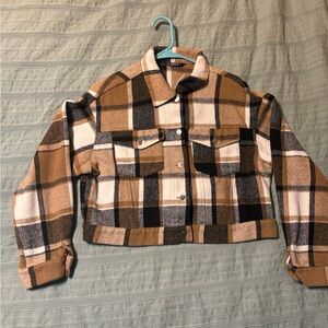 SHEIN Tan and Black Plaid Shirt